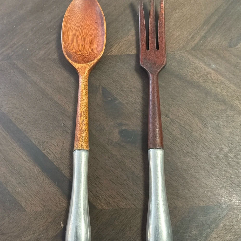 Sterling Silver and Teakwood Serving Spoon and Fork Set - Made in Italy